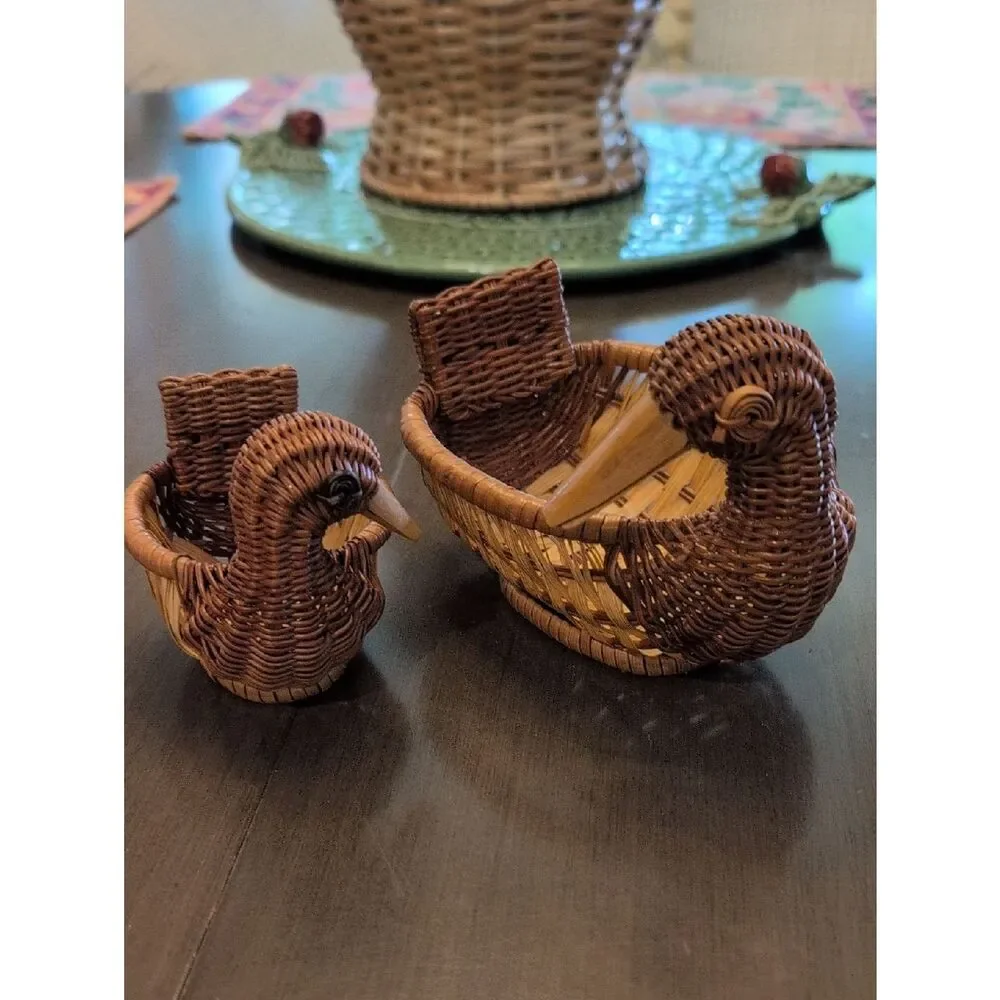 Vintage Handwoven Brown Wicker Duck Baskets Set of 2
